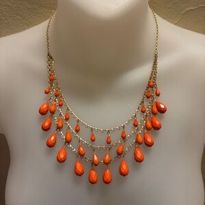 NEW Robert Rose 3-Tier Orange Beaded Boho Necklace Gold Tone Chain